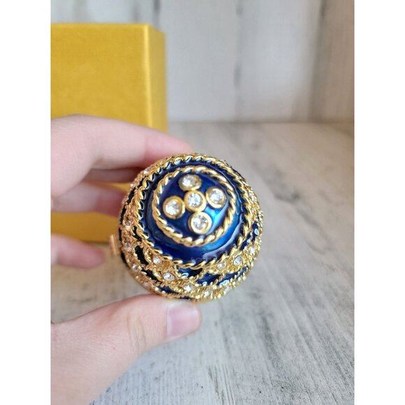 Blue trinket box egg golden enameled hinged Easter home decor unique - Picture 5 of 13